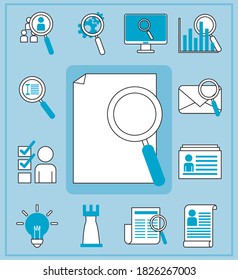 search icons, magnifying glass research internet pictogram set thin blue line and fill vector illustration