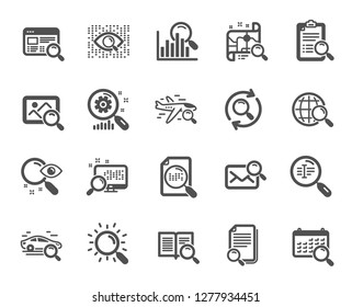 Search icons. Photo indexation, Artificial intelligence, Car rental icons. Airplane flights, Web search engine, Analytics. Find photo, checklist document, artificial intelligence eye. Vector