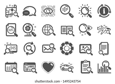 Search icons. Photo indexation, Artificial intelligence, Car rental icons. Airplane flights, Web search engine, Analytics. Find photo, checklist document, artificial intelligence eye. Vector