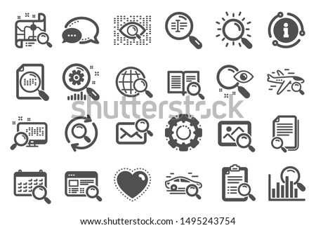 Search icons. Photo indexation, Artificial intelligence, Car rental icons. Airplane flights, Web search engine, Analytics. Find photo, checklist document, artificial intelligence eye. Vector