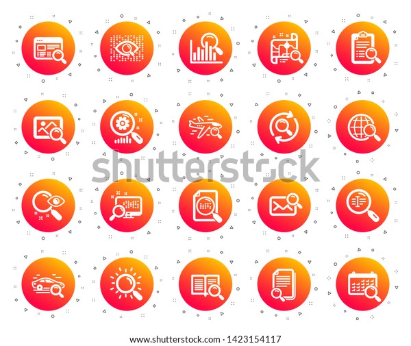 Search icons. Photo indexation, Artificial
intelligence, Car rental icons. Airplane flights, Web search
engine, Analytics. Find photo, checklist document, artificial
intelligence eye.
Vector