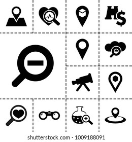 Search icons. set of 13 editable filled search icons such as telescope, location pin, location, binoculars with dollar sign, zoom out, binoculars