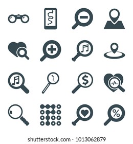 Search icons. set of 16 editable filled search icons such as route and phone, labyrinth, serach music, zoom in, zoom out, binoculars, map location