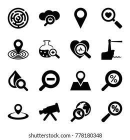 Search icons. set of 16 editable filled search icons such as map location, telescope, drop under magnifier, labyrinth, location pin, location, zoom out