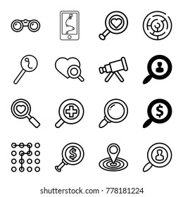 Search icons. set of 16 editable outline search icons such as map location, telescope, labyrinth, zoom in, binoculars