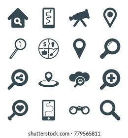 Search icons. set of 16 editable filled search icons such as telescope, route and phone, location, marketing, zoom in, binoculars