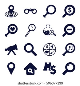 search icons set. Set of 16 search filled icons such as map location, serach music, zoom out, binoculars, binoculars with dollar sign, marketing, telescope