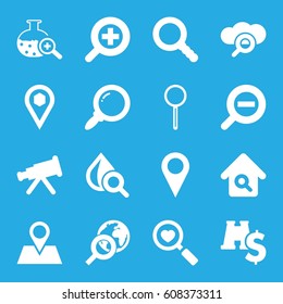 Search icons set. set of 16 search filled icons such as drop under magnifier, location pin, location, magnifier, zoom in, zoom out, binoculars with dollar sign