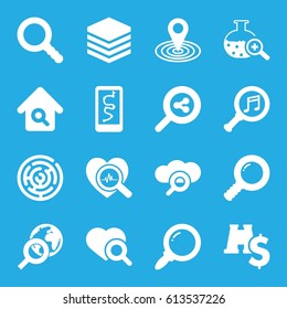 Search icons set. set of 16 search filled icons such as map location, serach music, binoculars with dollar sign, labyrinth, archive