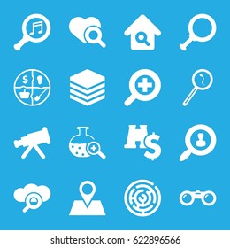 Search icons set. set of 16 search filled icons such as location pin, serach music, zoom in, binoculars, binoculars with dollar sign, marketing, labyrinth, telescope