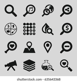 Search icons set. set of 16 search filled icons such as drop under magnifier, location pin, location, serach music, zoom out, marketing, labyrinth, telescope