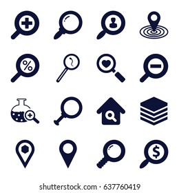 Search icons set. set of 16 search filled icons such as map location, location, zoom in, zoom out