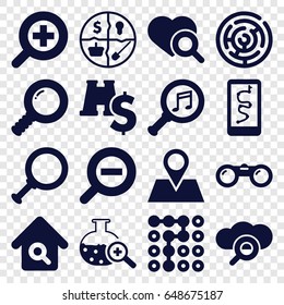 Search icons set. set of 16 search filled icons such as location pin, serach music, zoom in, zoom out, binoculars, binoculars with dollar sign, marketing, labyrinth
