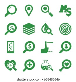 Search icons set. set of 16 search filled icons such as drop under magnifier, location, zoom in, lighthouse, binoculars with dollar sign, labyrinth, archive