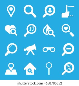 Search icons set. set of 16 search filled icons such as drop under magnifier, location pin, location, magnifier, serach music, zoom out, lighthouse, binoculars