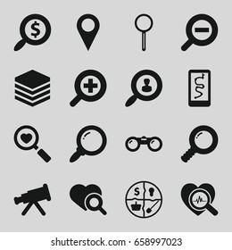 Search icons set. set of 16 search filled icons such as magnifier, zoom in, zoom out, binoculars, marketing, telescope, archive, location
