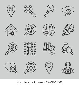 Search icons set. set of 16 search outline icons such as map location, location, zoom in, labyrinth, binoculars with dollar sign