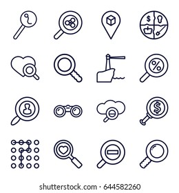 Search icons set. set of 16 search outline icons such as location, zoom out, lighthouse, binoculars, labyrinth