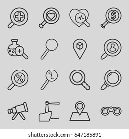 Search icons set. set of 16 search outline icons such as location pin, location, magnifier, zoom in, lighthouse, binoculars