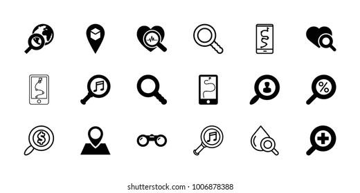 Search icons. set of 18 editable filled and outline search icons: serach music, zoom in, binoculars, route and phone, drop under magnifier, location pin