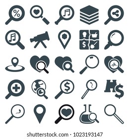 Search icons. set of 25 editable filled search icons such as telescope, location, binoculars with dollar sign, serach music, archive, zoom in, map location, marketing