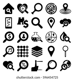 search icons set. Set of 25 search filled icons such as map location, drop under magnifier, location, magnifier, serach music, lighthouse, binoculars with dollar sign