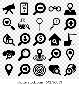 Search icons set. set of 25 search filled icons such as map location, drop under magnifier, location pin, location, magnifier, zoom in, zoom out, lighthouse, binoculars