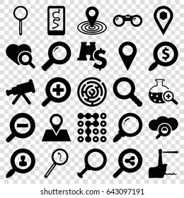 Search icons set. set of 25 search filled icons such as map location, location pin, location, magnifier, zoom in, zoom out, lighthouse, binoculars, binoculars with dollar sign