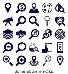 Search icons set. set of 25 search filled icons such as map location, drop under magnifier, location pin, location, magnifier, serach music, zoom in, zoom out, lighthouse