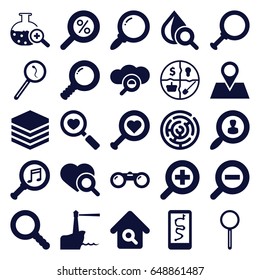 Search icons set. set of 25 search filled icons such as drop under magnifier, location pin, magnifier, serach music, zoom in, zoom out, lighthouse, binoculars, marketing