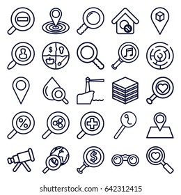 Search icons set. set of 25 search outline icons such as map location, drop under magnifier, location pin, location, serach music, zoom in, zoom out, lighthouse, binoculars