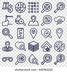 Search icons set. set of 25 search outline icons such as map location, drop under magnifier, location pin, location, serach music, zoom in, lighthouse, binoculars, labyrinth