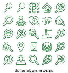 Search icons set. set of 25 search outline icons such as map location, drop under magnifier, location pin, location, magnifier, serach music, zoom in, zoom out, lighthouse