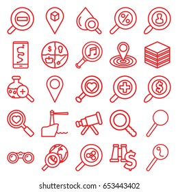Search icons set. set of 25 search outline icons such as map location, drop under magnifier, location, magnifier, serach music, zoom in, zoom out, lighthouse, binoculars