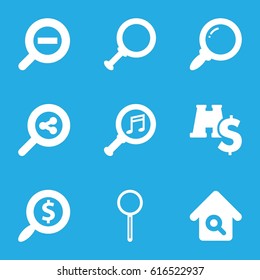 Search icons set. set of 9 search filled icons such as magnifier, serach music, zoom out