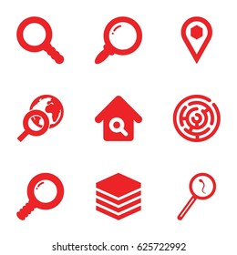 Search icons set. set of 9 search filled icons such as location, labyrinth
