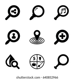 Search icons set. set of 9 search filled icons such as map location, drop under magnifier, serach music, zoom in