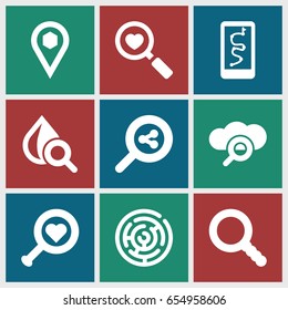 Search icons set. set of 9 search filled icons such as drop under magnifier, location, labyrinth