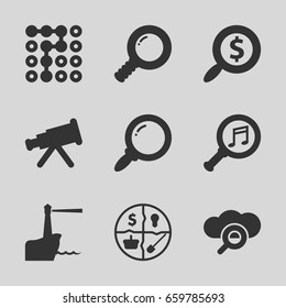 Search icons set. set of 9 search filled icons such as serach music, lighthouse, marketing, labyrinth
