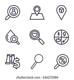 Search icons set. set of 9 search outline icons such as drop under magnifier, location pin, location, magnifier, binoculars with dollar sign