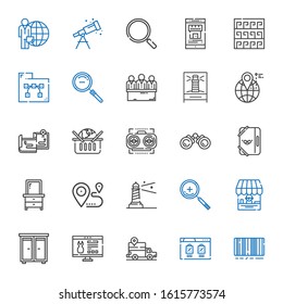 search icons set. Collection of search with barcode, browser, gps, website, drawer, shop, zoom in, lighthouse, location, folder, binoculars. Editable and scalable search icons.