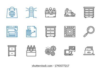 search icons set. Collection of search with filing cabinet, gps, working, markers, drawer, loupe, pattern, real estate, browser, candidates. Editable and scalable search icons.
