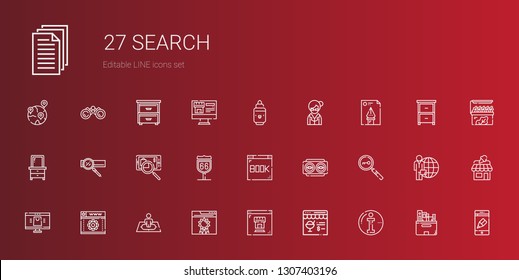 search icons set. Collection of search with info, online shop, real estate, browser, position, web development, loupe, vision, route, searching. Editable and scalable search icons.