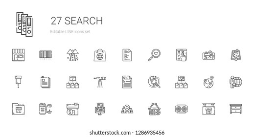 search icons set. Collection of search with vision, e commerce, maps, gps, mortgage, online shopping, folder, explore, file, telescope, files. Editable and scalable search icons.