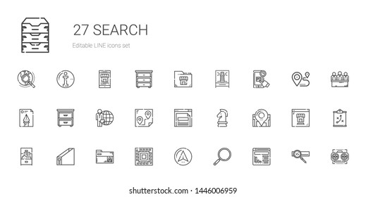 search icons set. Collection of search with website, loupe, navigator, pattern, folder, cabinet, location, strategy, browser, route, candidate. Editable and scalable search icons.