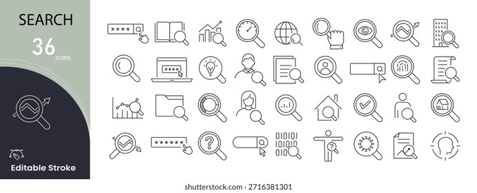 Suchsymbole festgelegt. Enthält Symbole für Suchen, Suchen, Suchen, Vergrößern, Vergrößern, Filtern, Sortieren, Browsen, Datenerkennung und Elemente zum Abrufen von Informationen. .Bearbeitbarer Strich.