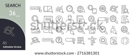 Search icons set. Includes icons for search, find, lookup, magnifying glass, filter, sorting, browsing, data discovery, and information retrieval elements. .Editable stroke.