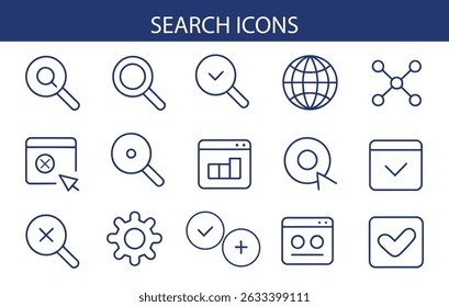 Search Icons Set. Magnifying glass linear icon.