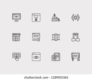 Search icons set. PPC and search icons with setup campaign, web code and apps development. Set of wrench for web app logo UI design.