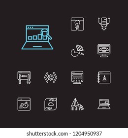 Search icons set. SEO monitoring and search icons with market analysis, data management and maintenance. Set of processor for web app logo UI design.